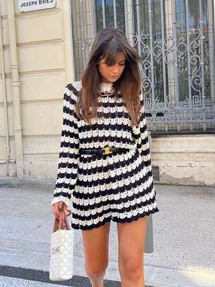 ZACK RAIN Women Black and White Striped Cutout Knit Crew Neck Pullover 2022 Fall/Winter Ladies Vintage Sweater Loose Female Tops 1