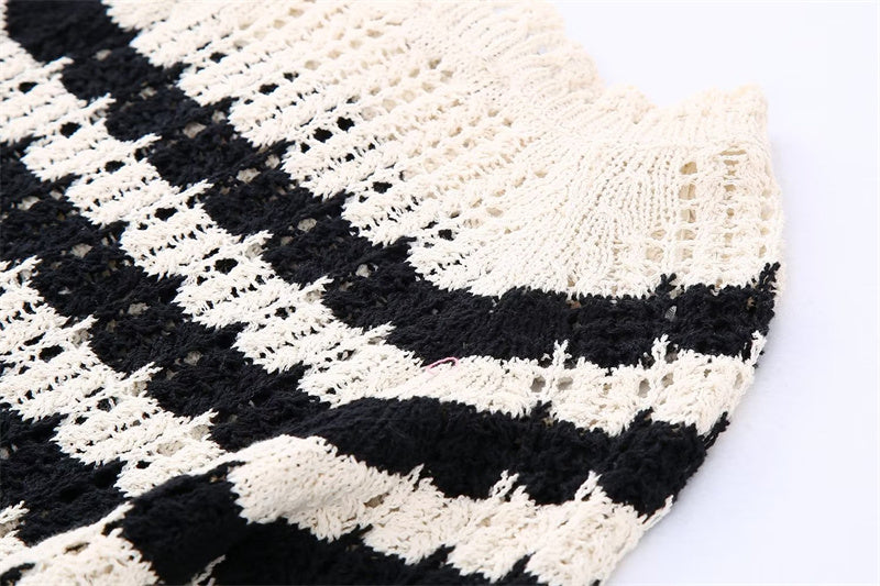 ZACK RAIN Women Black and White Striped Cutout Knit Crew Neck Pullover 2022 Fall/Winter Ladies Vintage Sweater Loose Female Tops 3