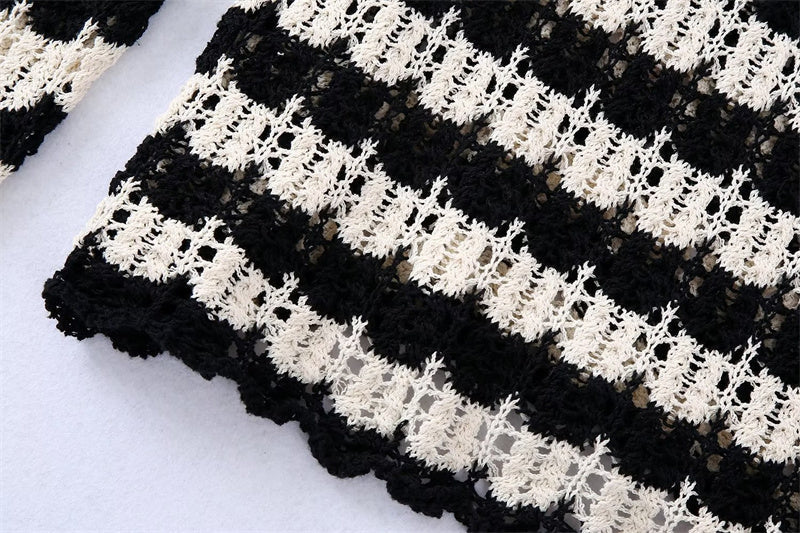 ZACK RAIN Women Black and White Striped Cutout Knit Crew Neck Pullover 2022 Fall/Winter Ladies Vintage Sweater Loose Female Tops 4