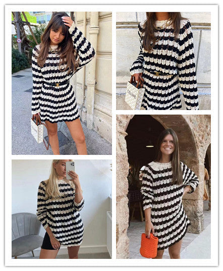 ZACK RAIN Women Black and White Striped Cutout Knit Crew Neck Pullover 2022 Fall/Winter Ladies Vintage Sweater Loose Female Tops 5